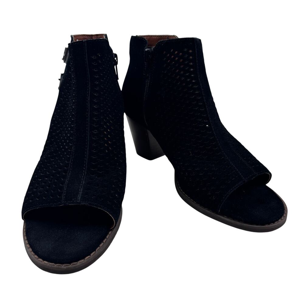 Vionic Chryssa Black Leather Suede Perforated Peep Toe Block Heels Women's 8.5